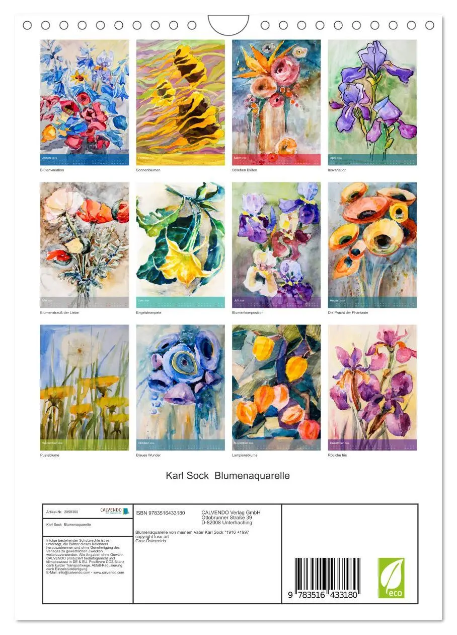 Bild: 9783516433180 | Karl Sock Blumenaquarelle (Wandkalender 2026 DIN A4 hoch), CALVENDO...