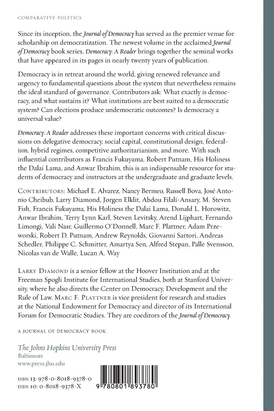 Rückseite: 9780801893780 | Democracy | A Reader | Larry Diamond (u. a.) | Taschenbuch | Englisch