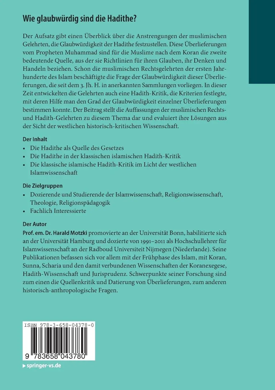 Rückseite: 9783658043780 | Wie glaubwürdig sind die Hadithe? | Harald Motzki | Taschenbuch | vii