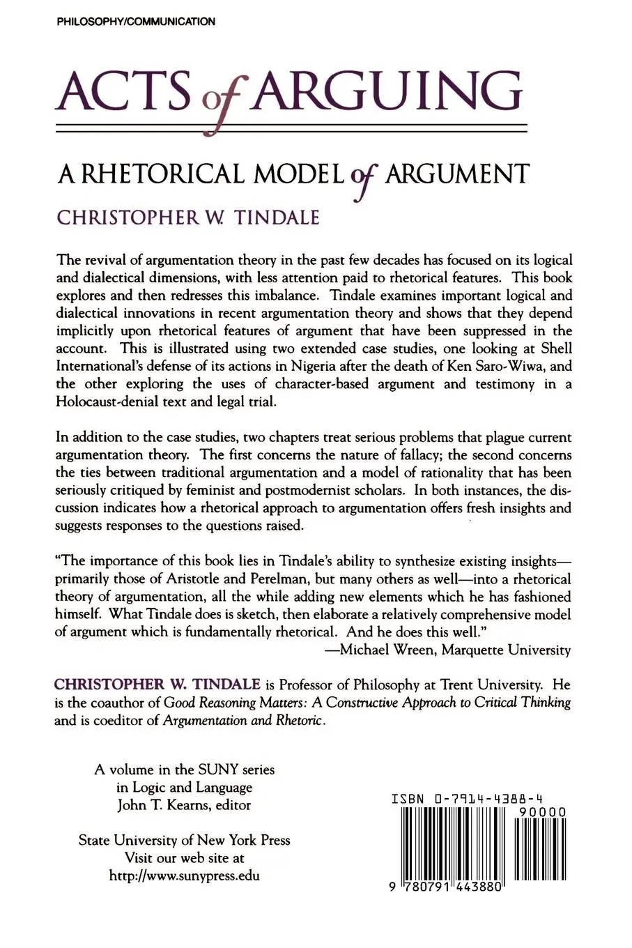 Rückseite: 9780791443880 | Acts of Arguing | A Rhetorical Model of Argument | Tindale | Buch