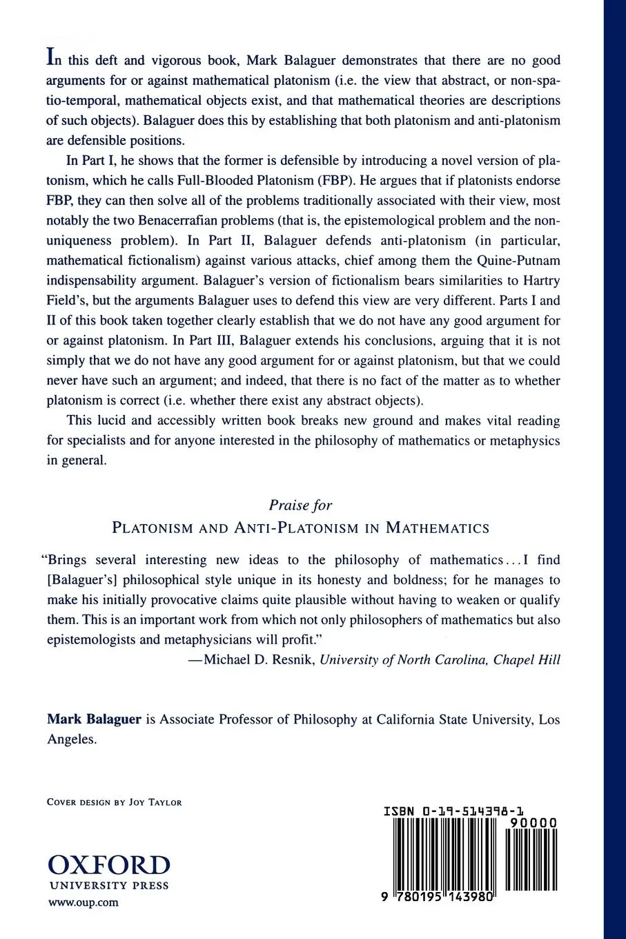Rückseite: 9780195143980 | Platonism and Anti-Platonism in Mathematics | Mark Balaguer | Buch