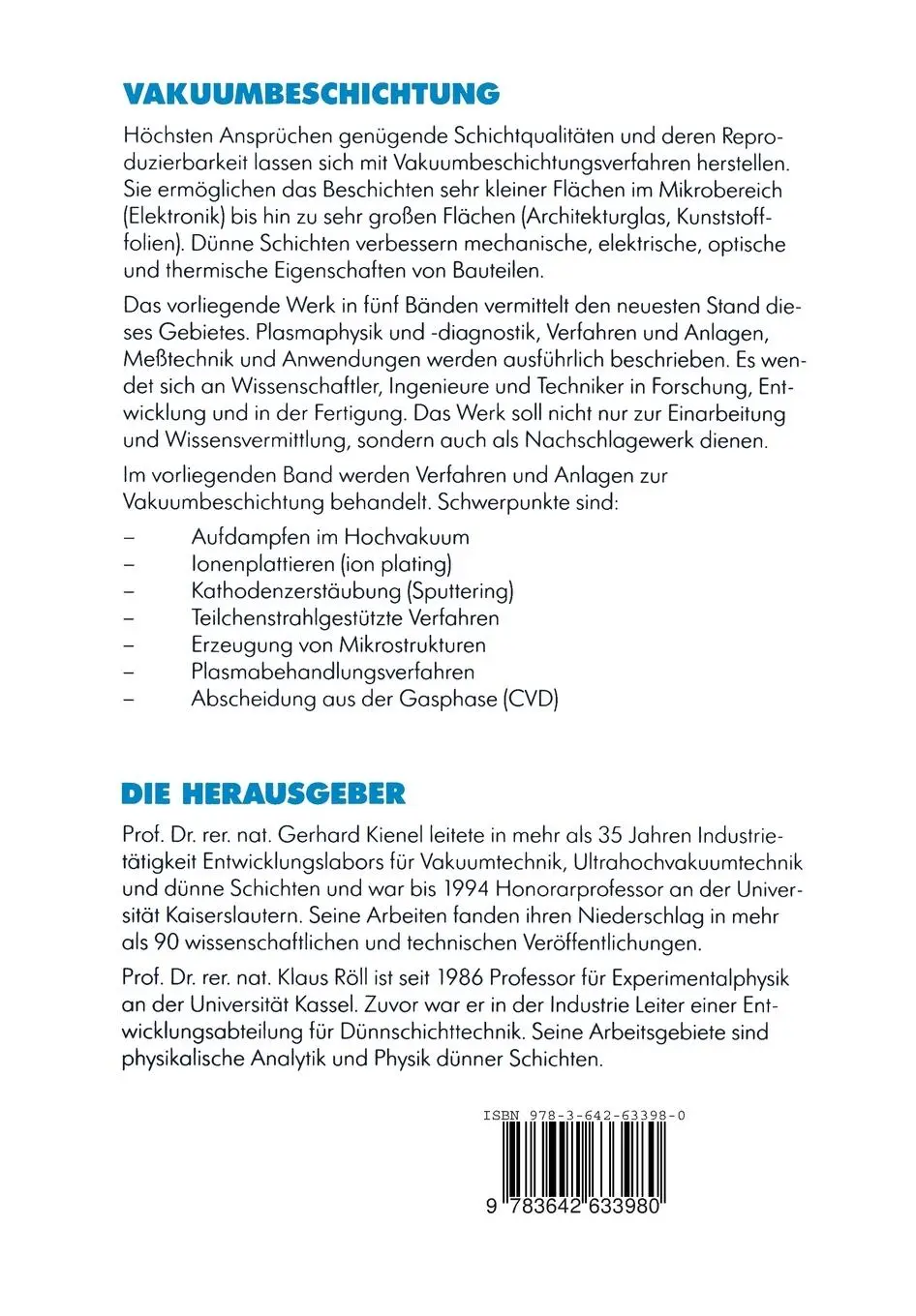 Rückseite: 9783642633980 | Vakuumbeschichtung | Verfahren und Anlagen | Klaus Röll (u. a.) | Buch