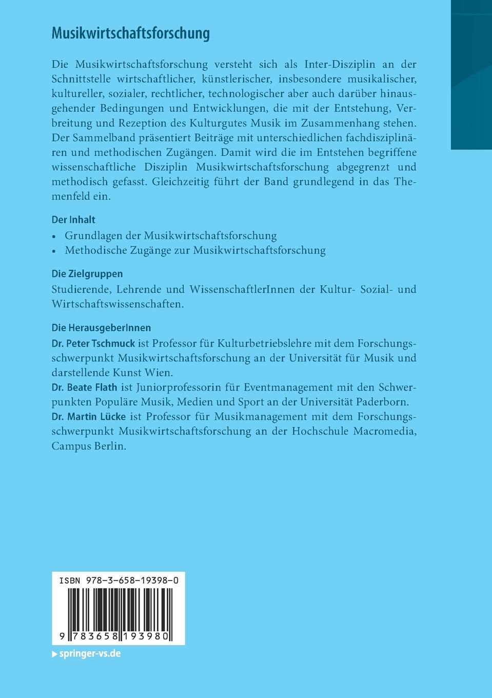 Rückseite: 9783658193980 | Musikwirtschaftsforschung | Die Grundlagen einer neuen Disziplin | xiv