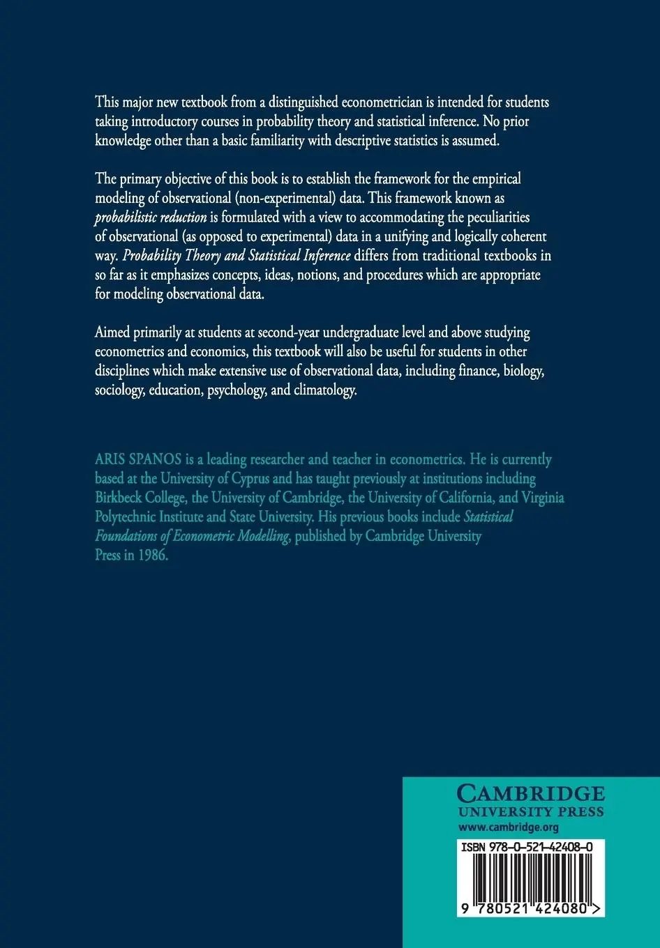 Rückseite: 9780521424080 | Probability Theory and Statistical Inference | Aris Spanos | Buch