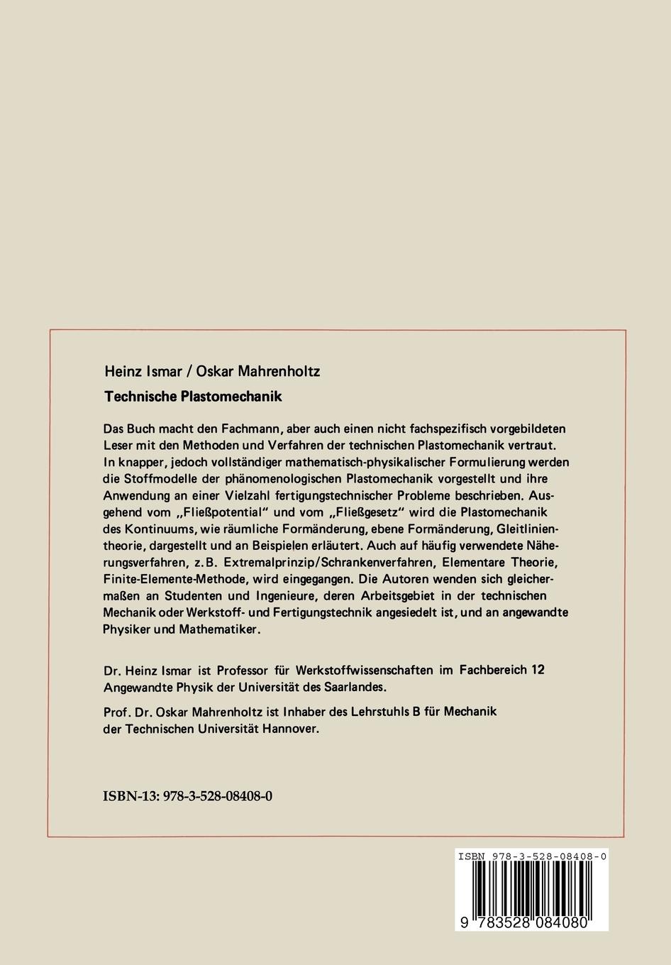 Rückseite: 9783528084080 | Technische Plastomechanik | Oskar Mahrenholtz (u. a.) | Taschenbuch