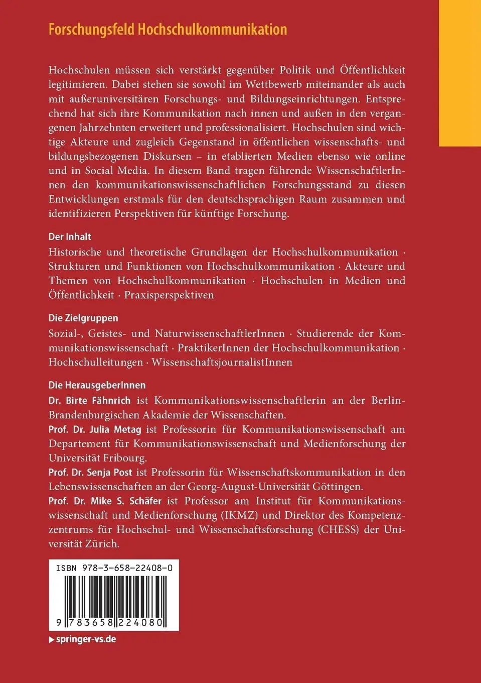 Rückseite: 9783658224080 | Forschungsfeld Hochschulkommunikation | Birte Fähnrich (u. a.) | Buch