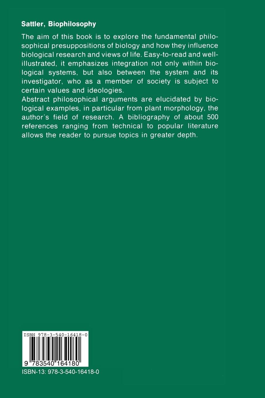 Rückseite: 9783540164180 | Biophilosophy | Analytic and Holistic Perspectives | Rolf Sattler
