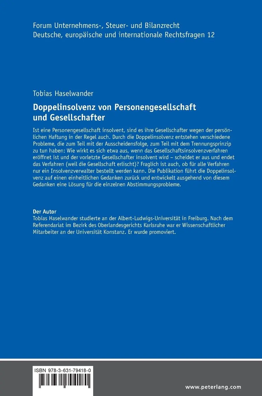 Rückseite: 9783631794180 | Doppelinsolvenz von Personengesellschaft und Gesellschafter | Buch