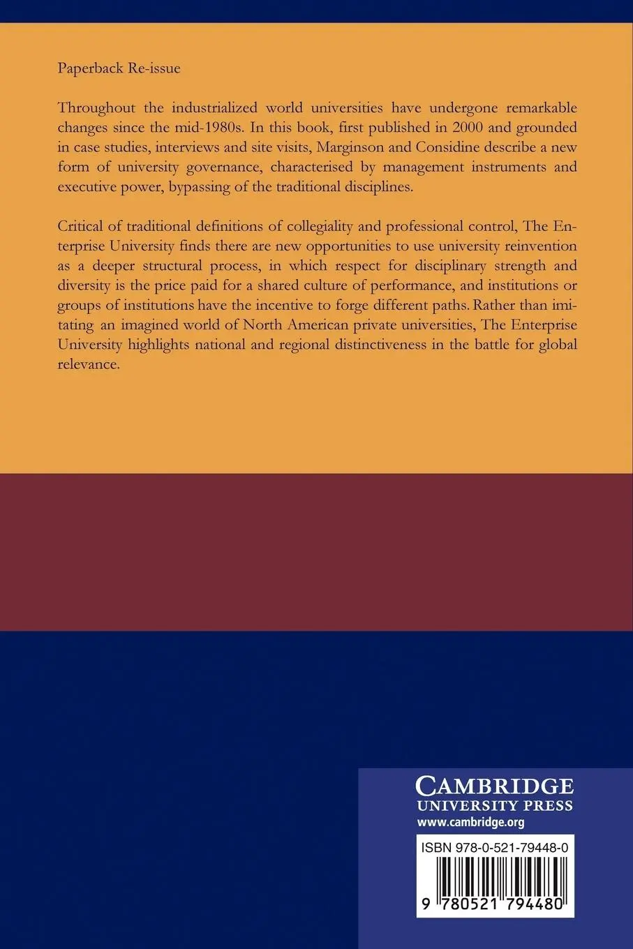 Rückseite: 9780521794480 | The Enterprise University | Mark Considine (u. a.) | Taschenbuch
