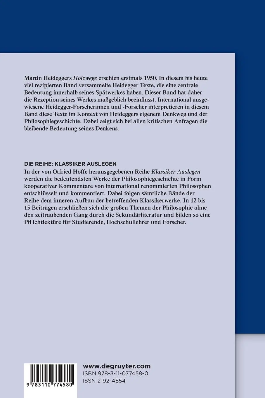 Rückseite: 9783110774580 | Martin Heidegger: Holzwege | Holger Zaborowski | Taschenbuch | XI