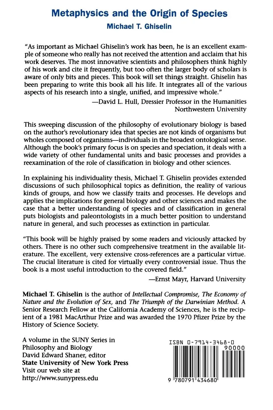 Rückseite: 9780791434680 | Metaphysics and the Origin of Species | Michael T. Ghiselin | Buch