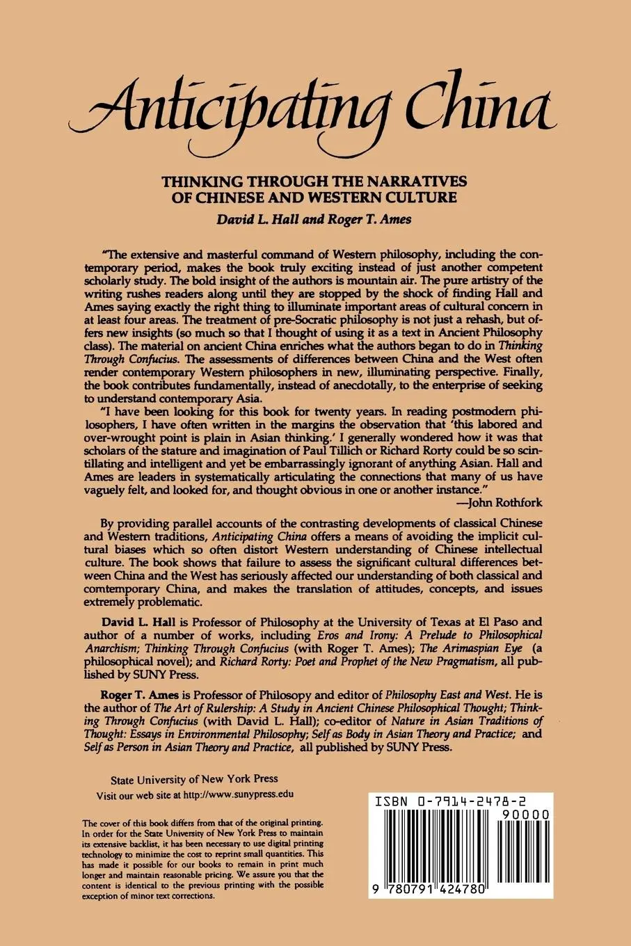 Rückseite: 9780791424780 | Anticipating China | David L. Hall (u. a.) | Taschenbuch | Englisch