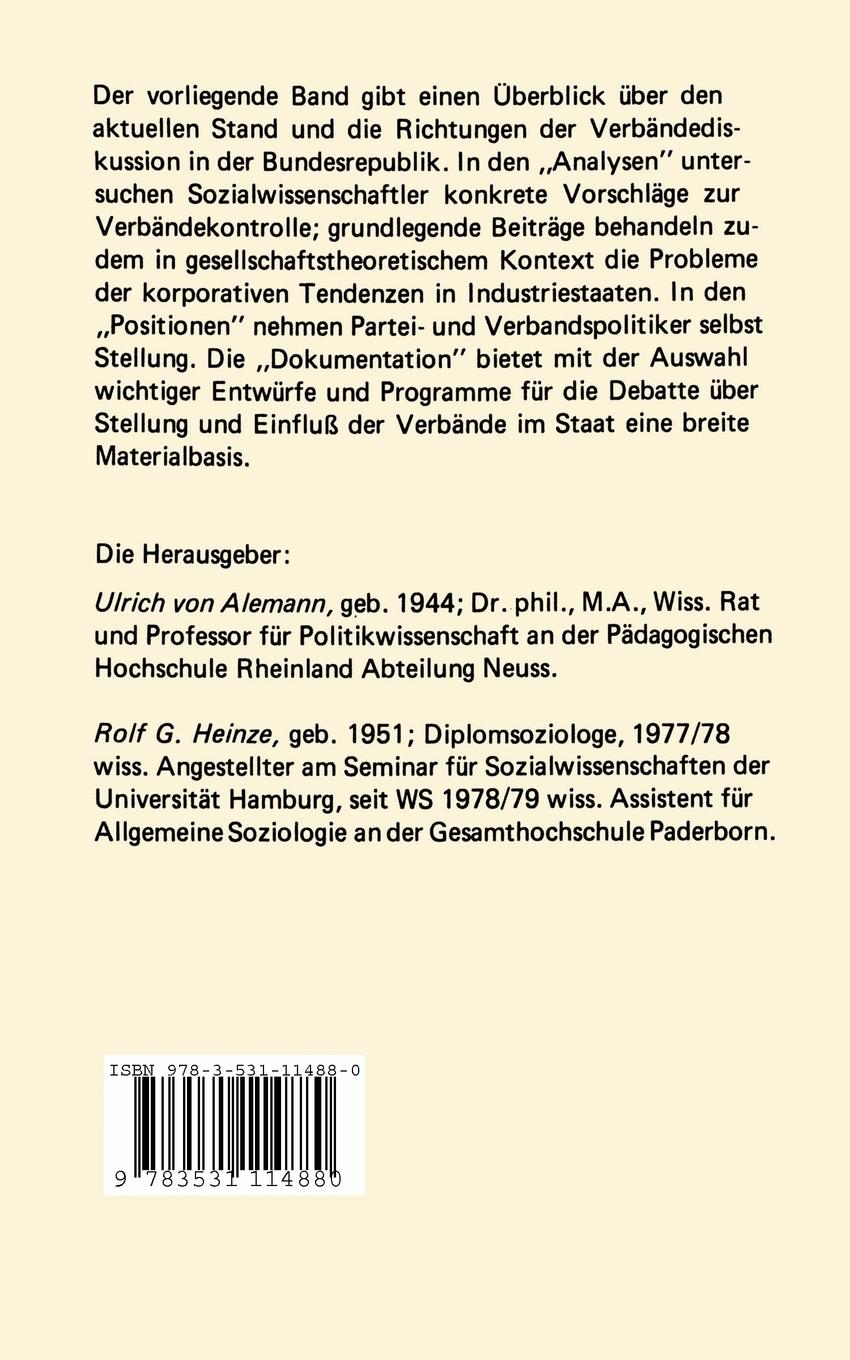 Rückseite: 9783531114880 | Verbände und Staat | Ulrich von Alemann | Taschenbuch | 272 S.