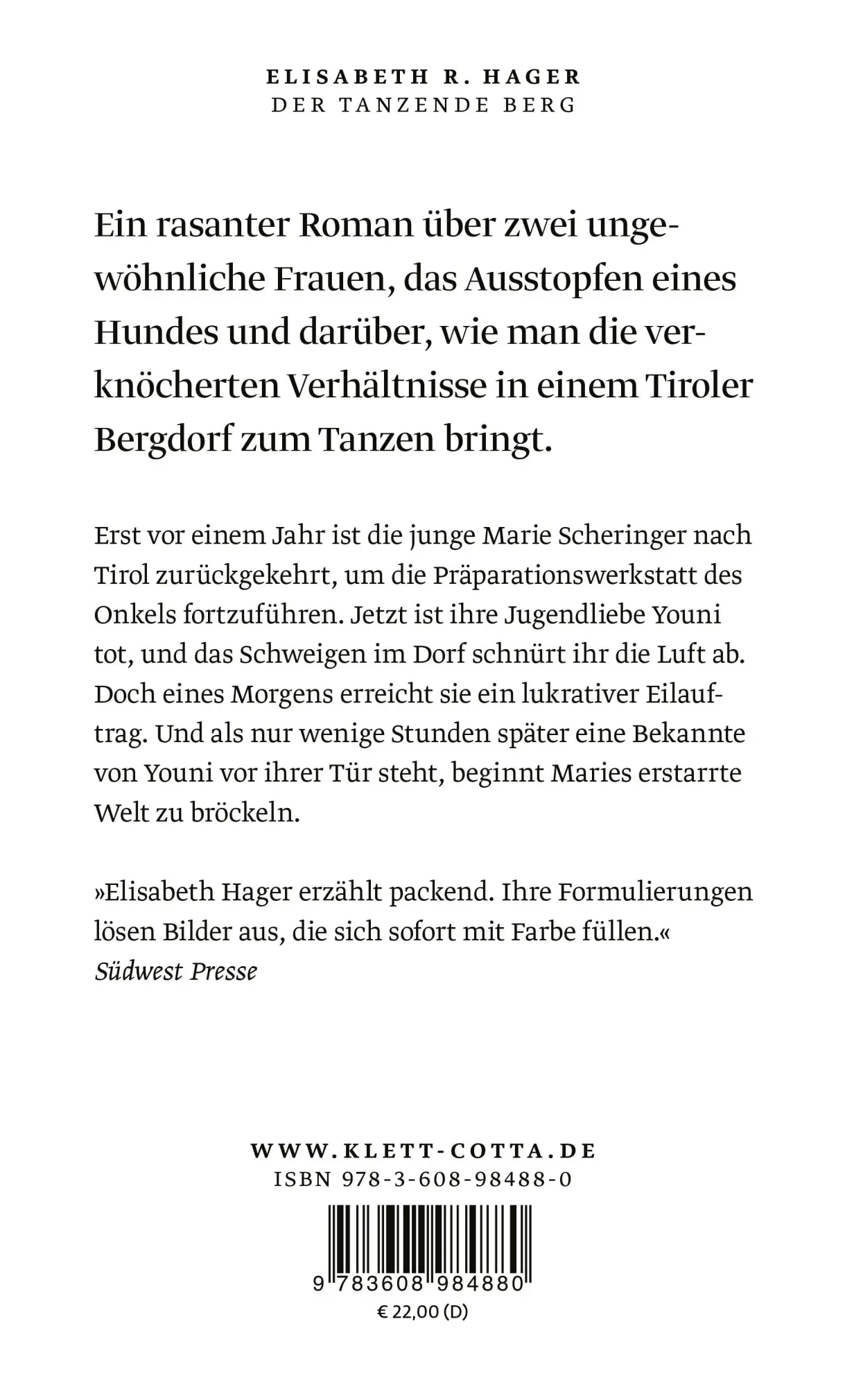 Rückseite: 9783608984880 | Der tanzende Berg | Roman | Elisabeth R. Hager | Buch | 256 S. | 2022
