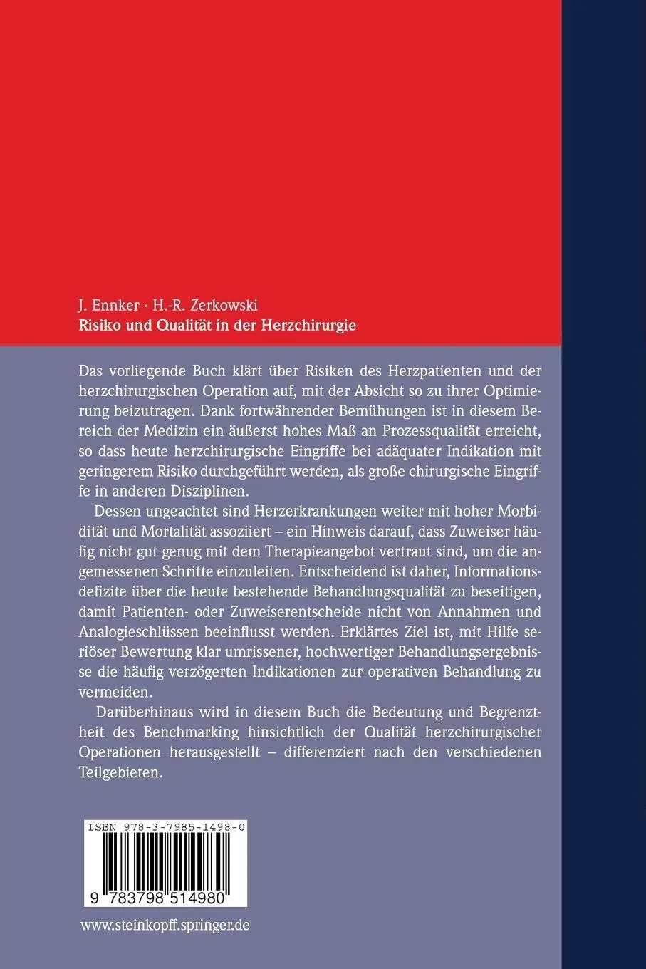 Rückseite: 9783798514980 | Risiko und Qualität in der Herzchirurgie | H. -R. Zerkowski (u. a.)
