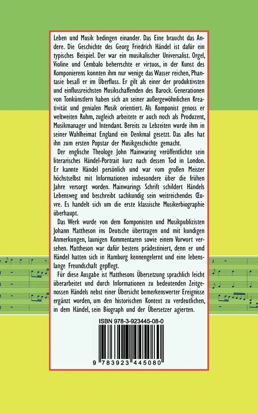 Rückseite: 9783923445080 | Leben und Musik des Georg Friedrich Händel | John Mainwaring | Buch