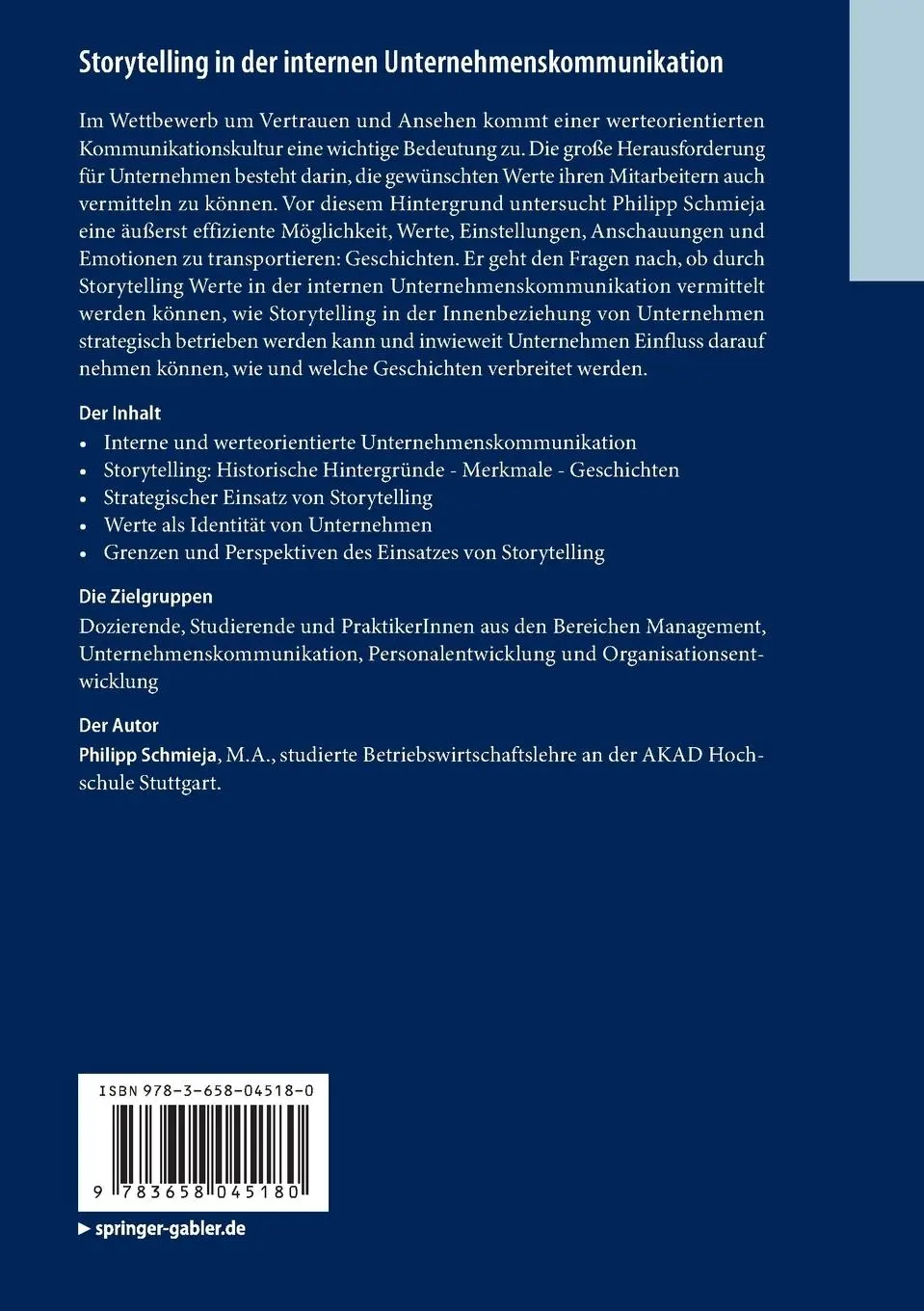Rückseite: 9783658045180 | Storytelling in der internen Unternehmenskommunikation | Schmieja