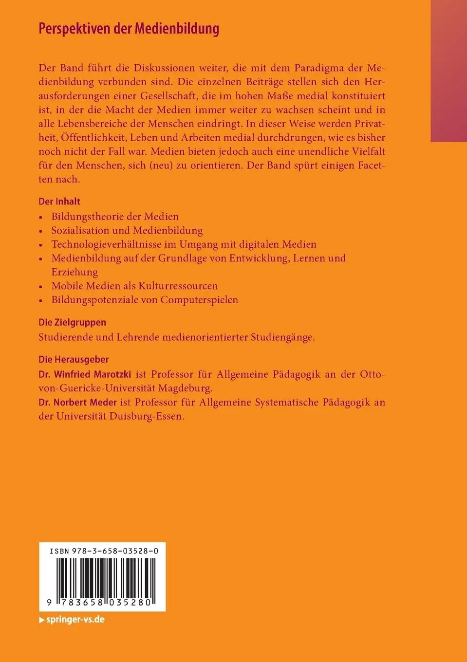 Rückseite: 9783658035280 | Perspektiven der Medienbildung | Norbert Meder (u. a.) | Taschenbuch