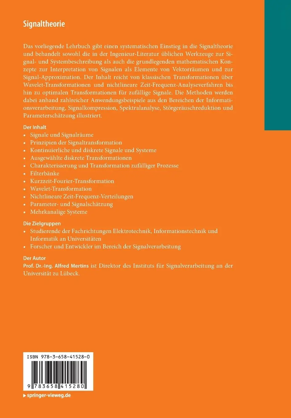 Rückseite: 9783658415280 | Signaltheorie | Alfred Mertins | Taschenbuch | Paperback | xiii | 2023