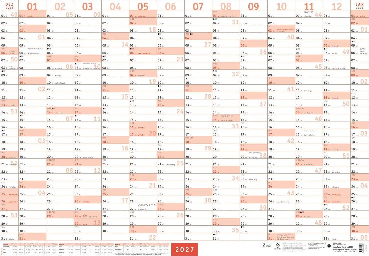 Cover: 9783756415380 | Mega-Posterplaner, rot 2027 | Kalender | Jahresplaner Kalender Heye