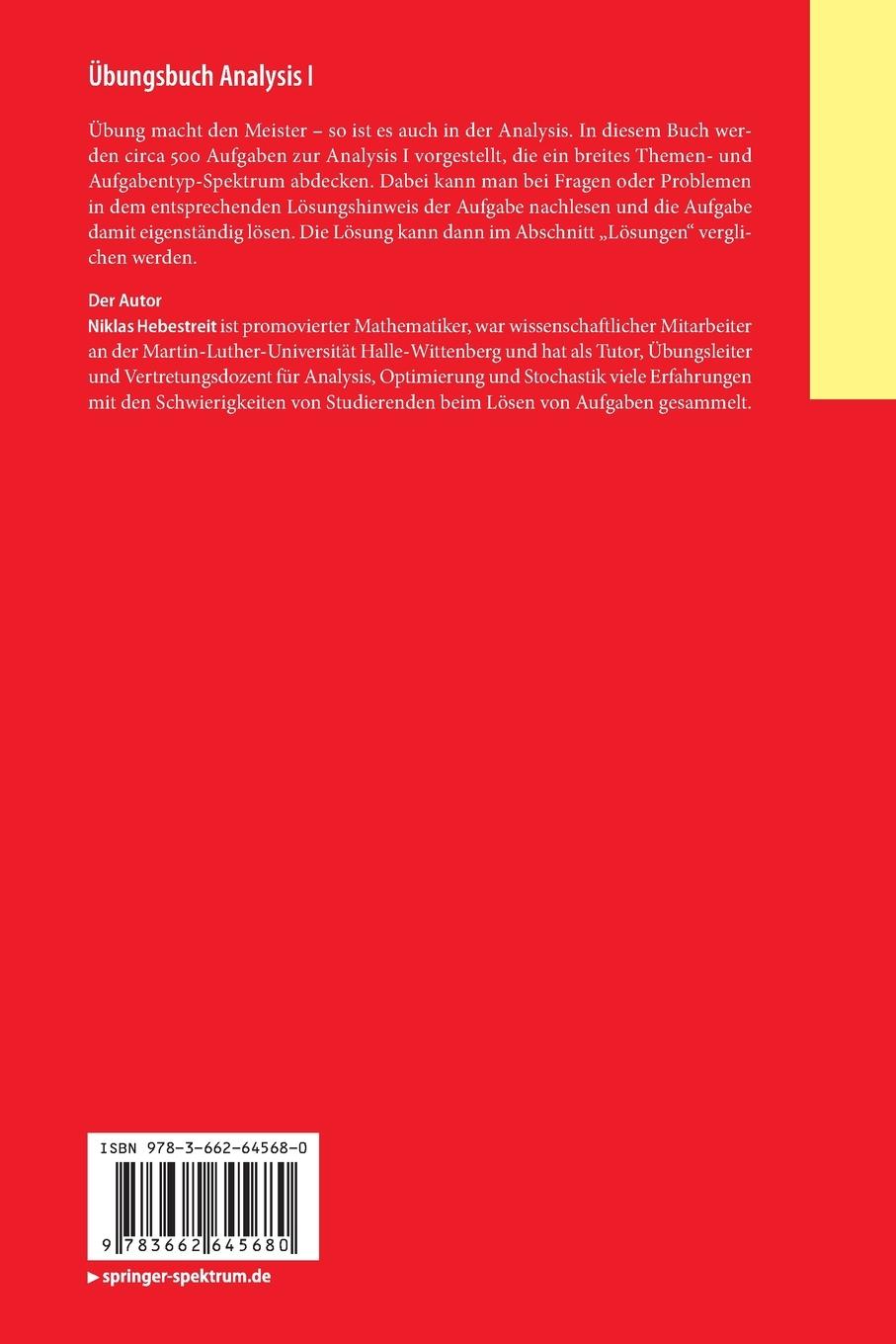 Rückseite: 9783662645680 | Übungsbuch Analysis I | Niklas Hebestreit | Taschenbuch | xv | Deutsch