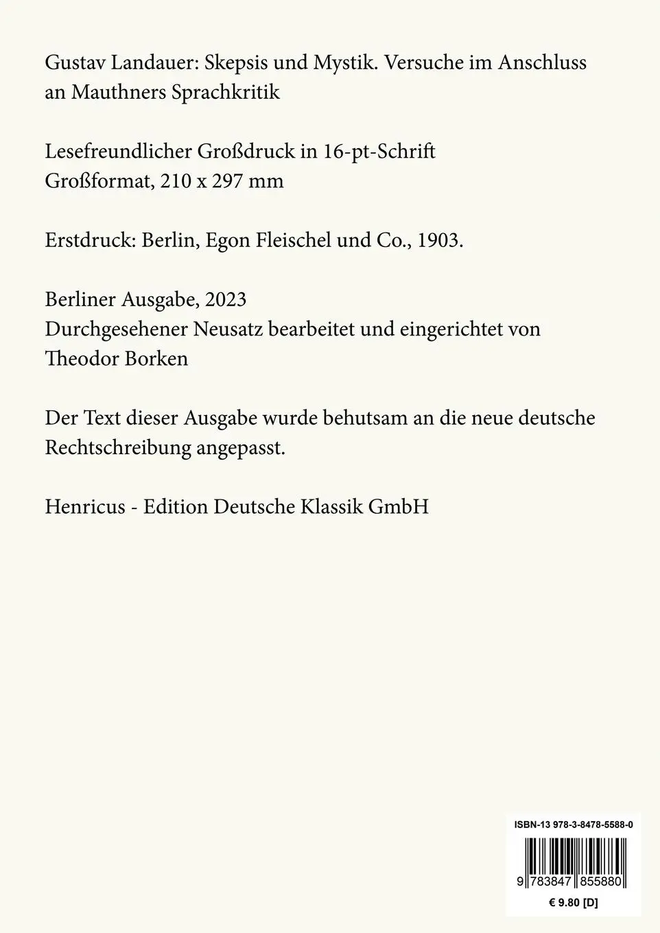 Rückseite: 9783847855880 | Skepsis und Mystik (Großdruck) | Gustav Landauer | Taschenbuch | 96 S.