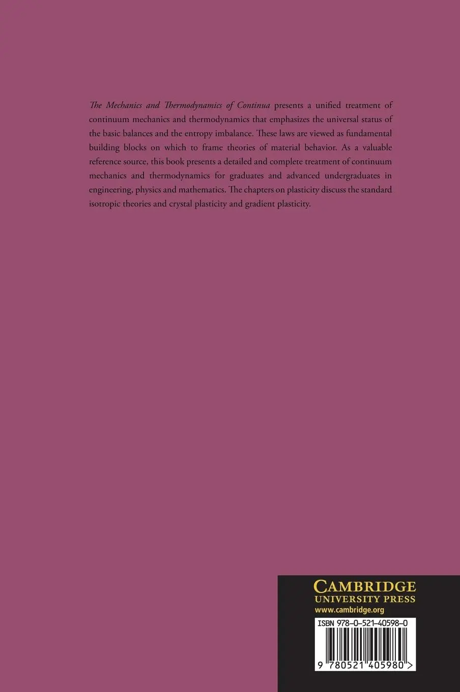Rückseite: 9780521405980 | The Mechanics and Thermodynamics of Continua | Gurtin (u. a.) | Buch