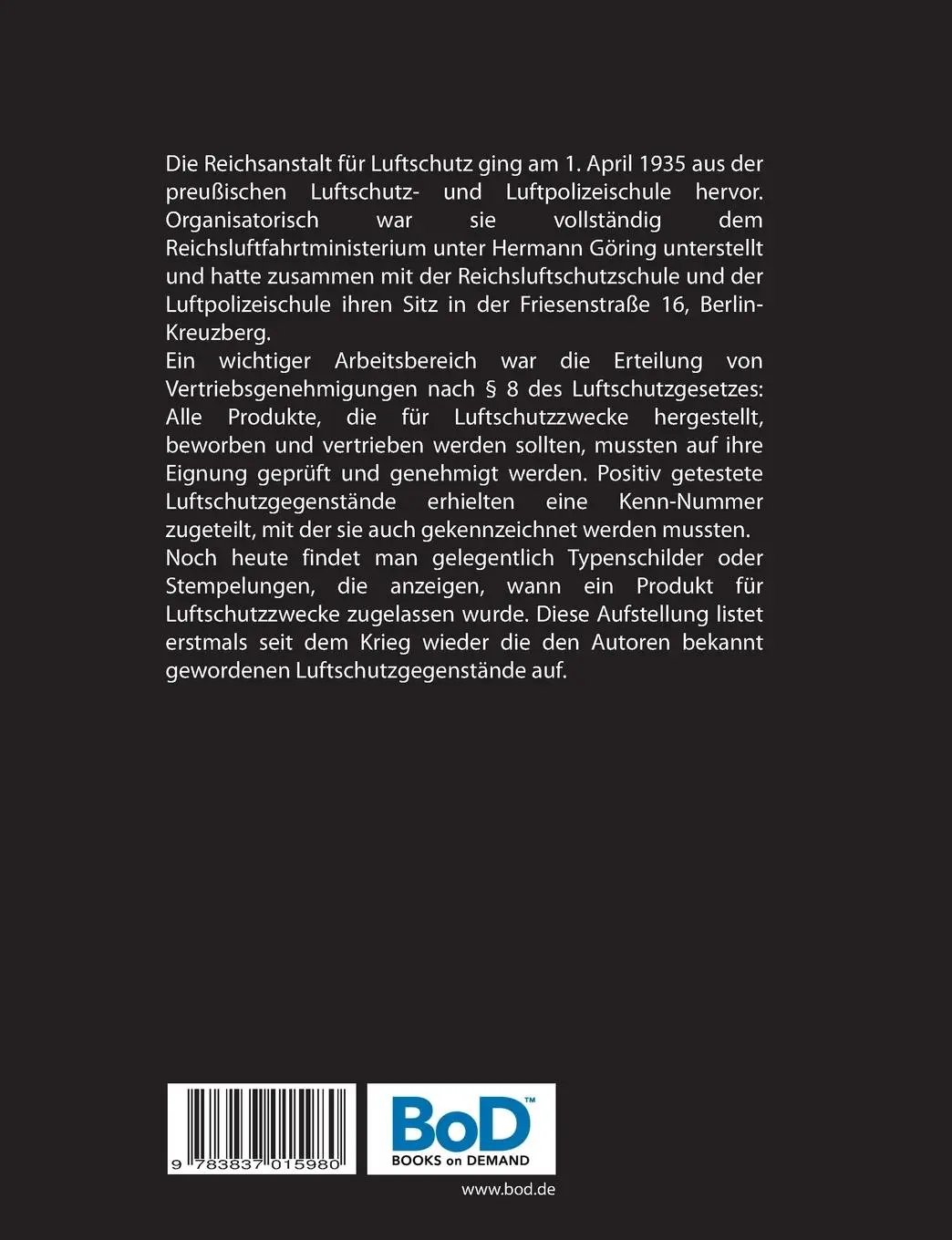 Rückseite: 9783837015980 | Kenn-Nummern der Reichsanstalt für Luftschutz 1936-1944 [RL-Nummern]