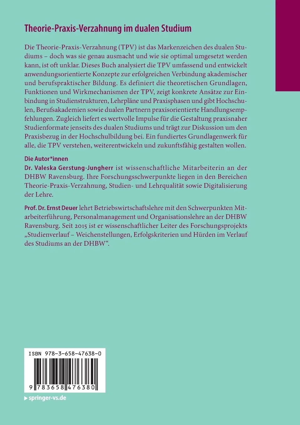 Rückseite: 9783658476380 | Theorie-Praxis-Verzahnung im dualen Studium | Taschenbuch | viii