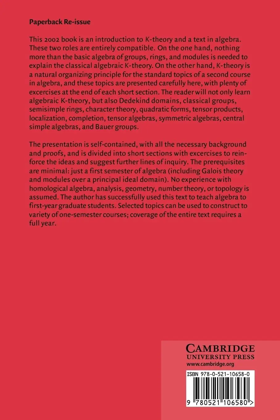Rückseite: 9780521106580 | An Algebraic Introduction to K-Theory | Bruce A. Magurn (u. a.) | Buch