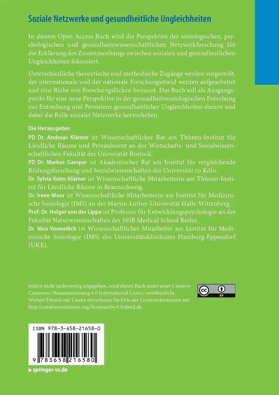 Rückseite: 9783658216580 | Soziale Netzwerke und gesundheitliche Ungleichheiten | Klärner (u. a.)