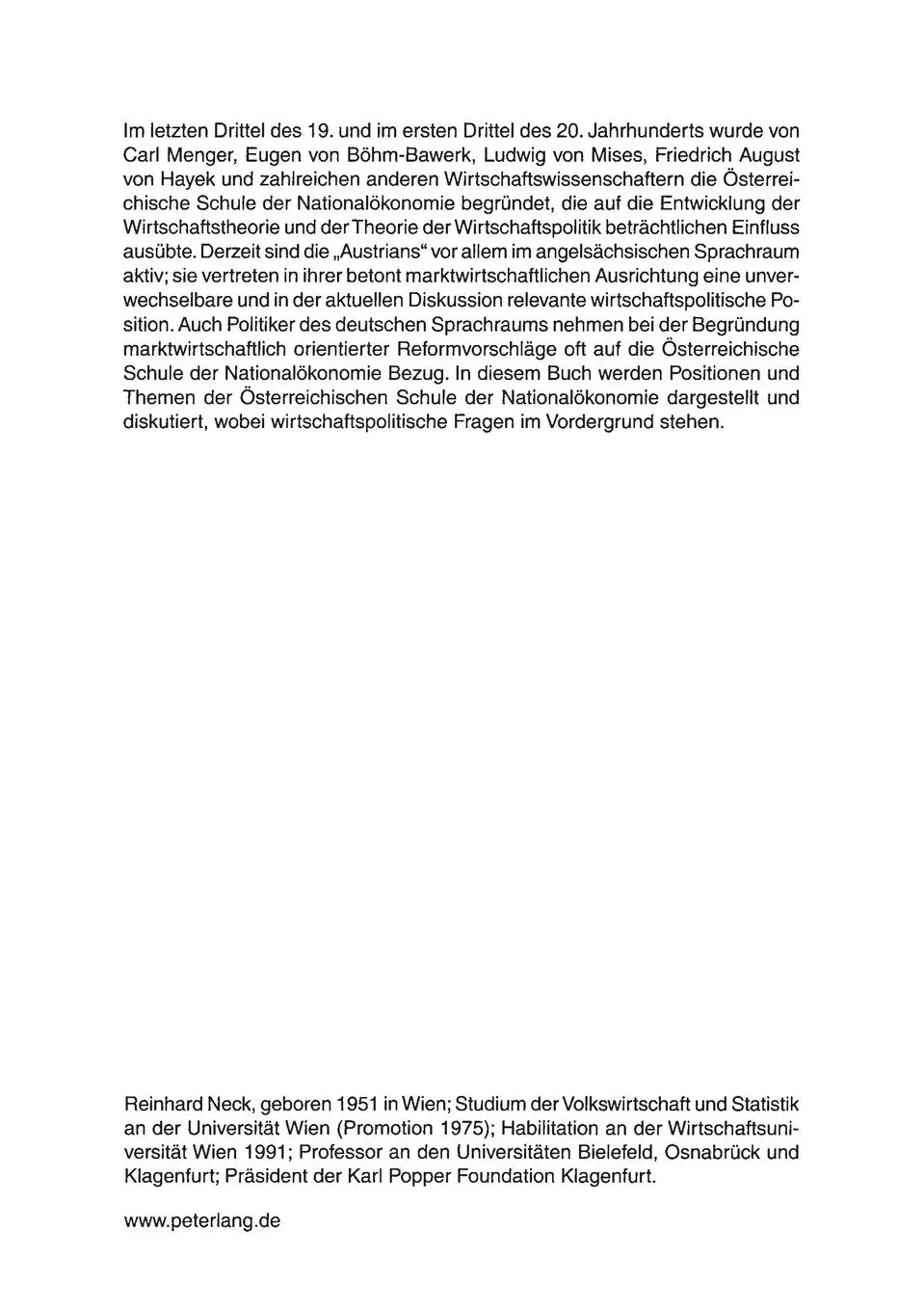 Rückseite: 9783631546680 | Die Österreichische Schule der Nationalökonomie | Reinhard Neck | Buch
