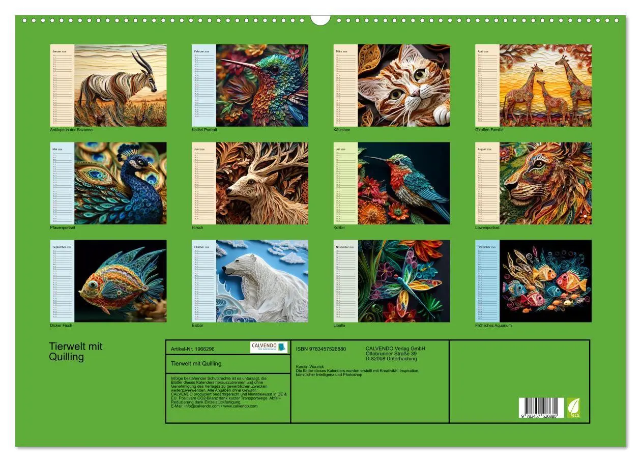 Bild: 9783457526880 | Tierwelt mit Quilling (Wandkalender 2026 DIN A2 quer), CALVENDO...