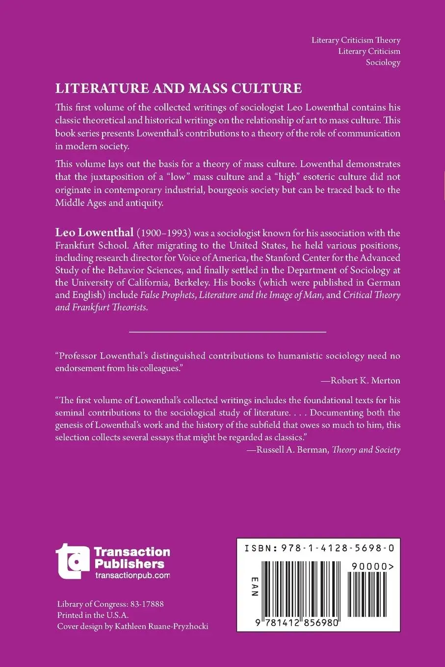 Rückseite: 9781412856980 | Literature and Mass Culture | Volume 1, Communication in Society