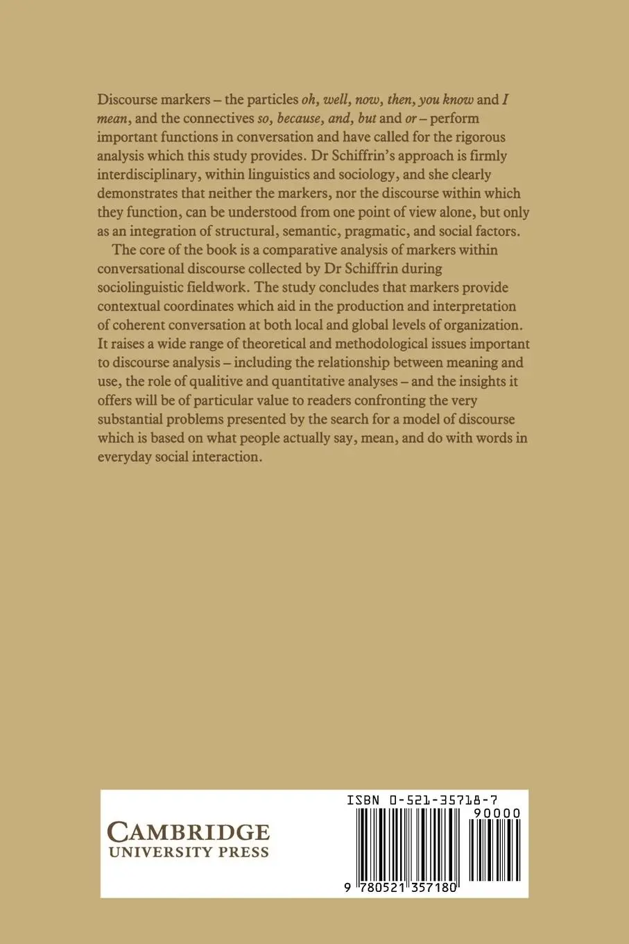 Rückseite: 9780521357180 | Discourse Markers | Deborah Schiffrin | Taschenbuch | Englisch | 1988
