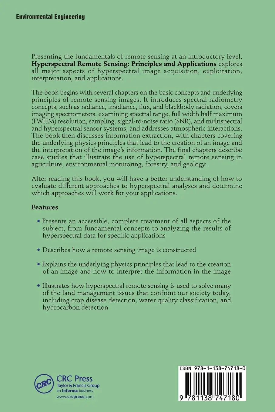 Rückseite: 9781138747180 | Hyperspectral Remote Sensing | Principles and Applications | Buch