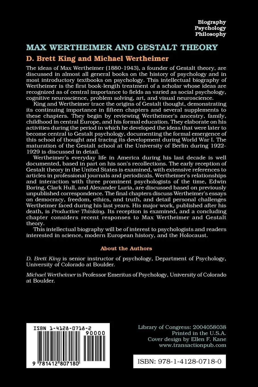 Rückseite: 9781412807180 | Max Wertheimer and Gestalt Theory | Michael Wertheimer | Taschenbuch