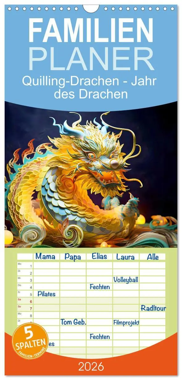 Cover: 9783516497380 | Familienplaner 2026 - Quilling-Drachen - Jahr des Drachen mit 5...
