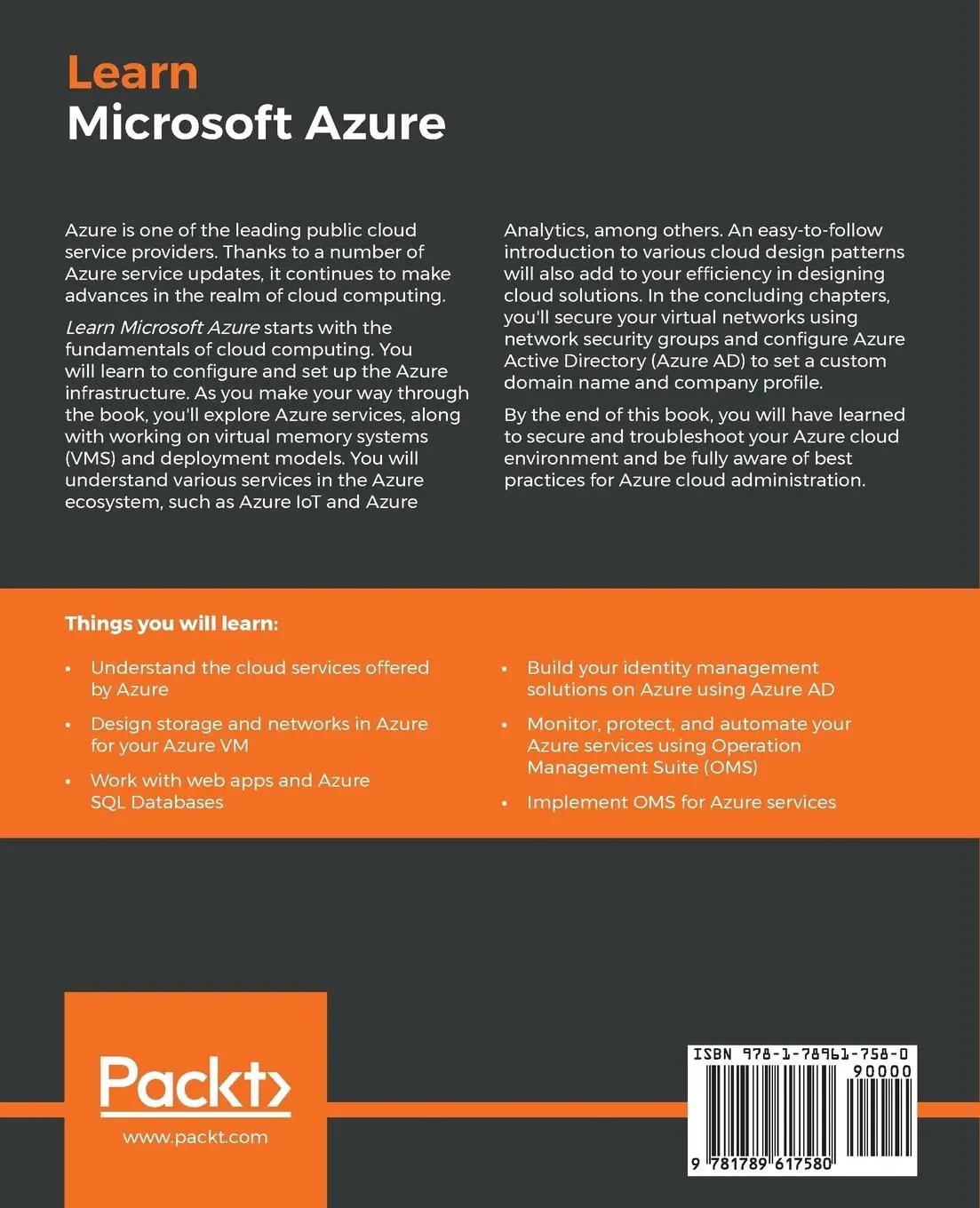 Rückseite: 9781789617580 | Learn Microsoft Azure | Mohamed Wali | Taschenbuch | Englisch | 2018