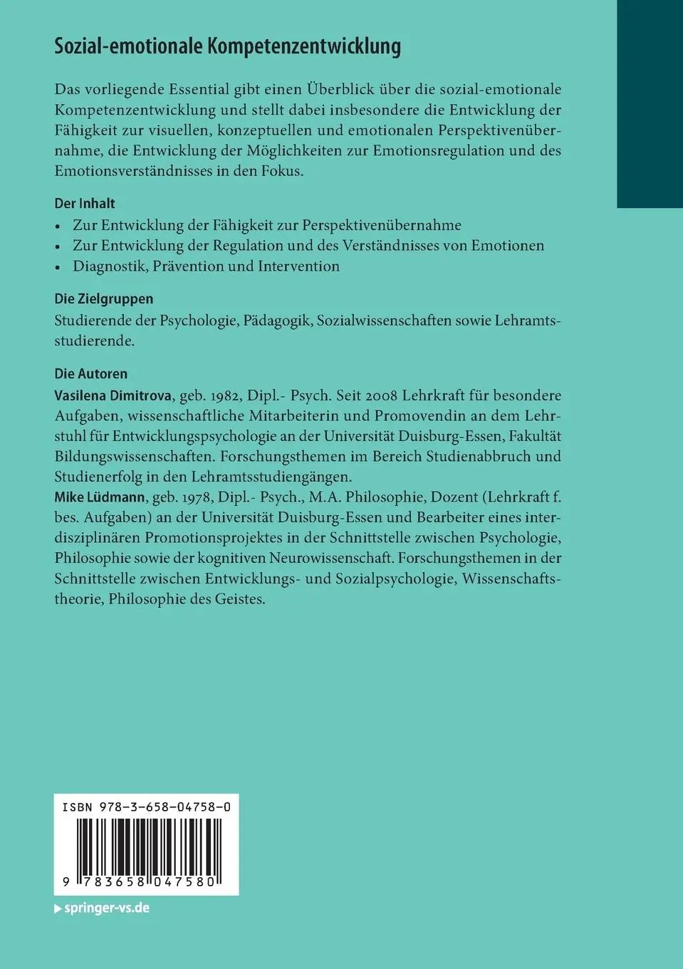 Rückseite: 9783658047580 | Sozial-emotionale Kompetenzentwicklung | Vasilena Dimitrova (u. a.)