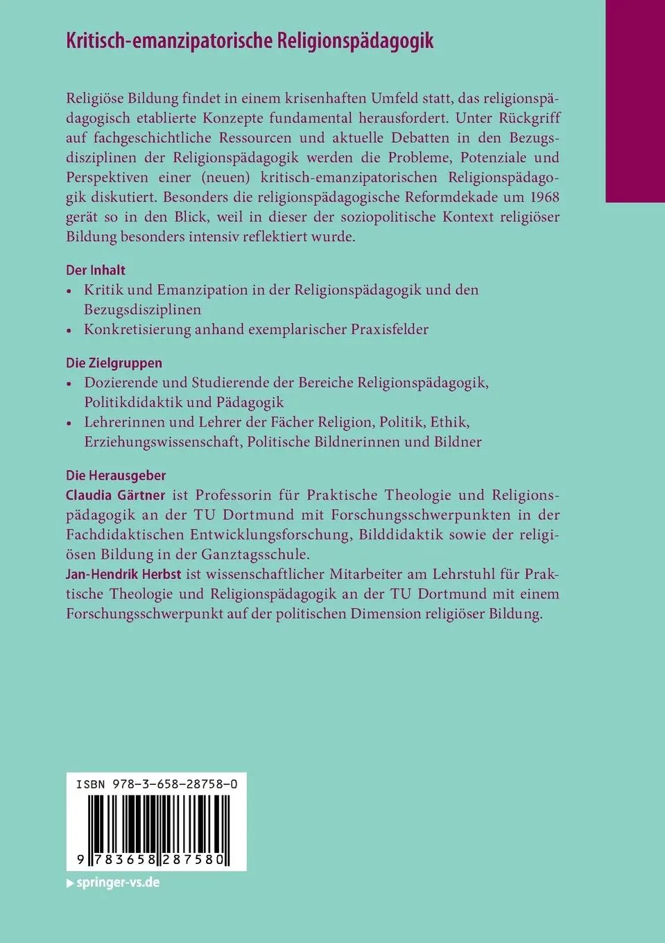 Rückseite: 9783658287580 | Kritisch-emanzipatorische Religionspädagogik | Herbst (u. a.) | Buch