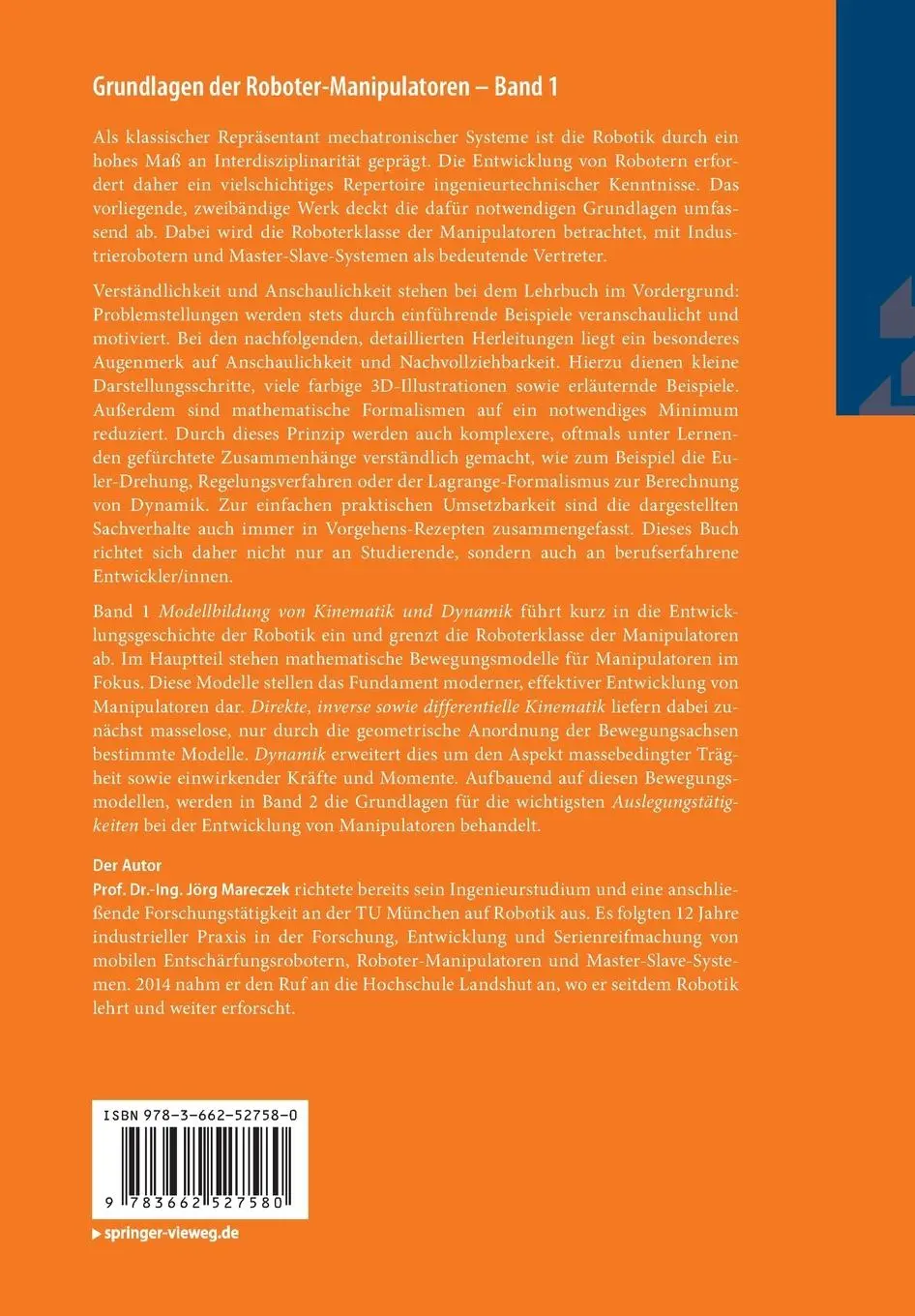Rückseite: 9783662527580 | Grundlagen der Roboter-Manipulatoren - Band 1 | Jörg Mareczek | Buch
