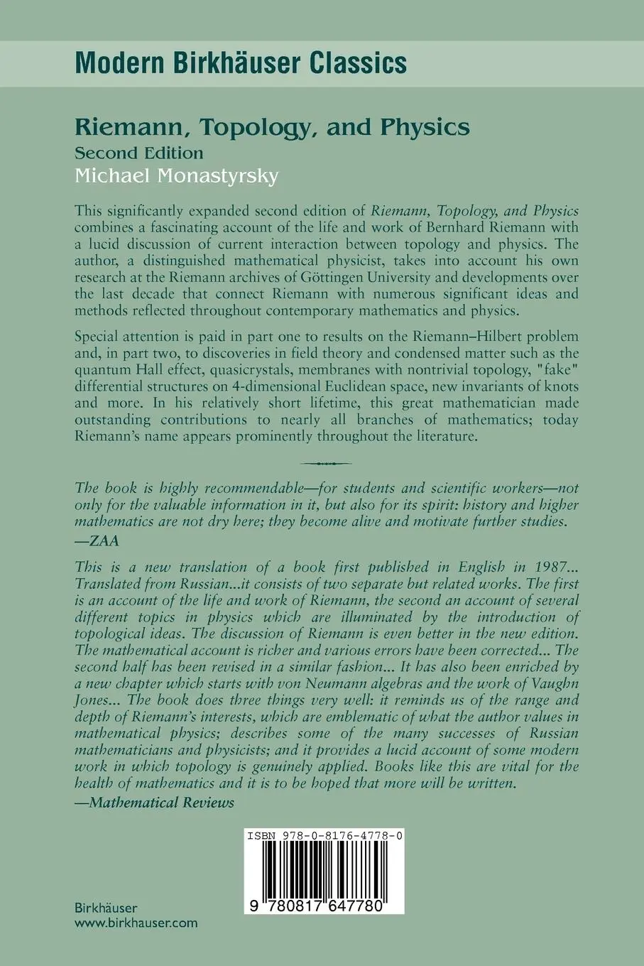 Rückseite: 9780817647780 | Riemann, Topology, and Physics | Michael I. Monastyrsky | Taschenbuch