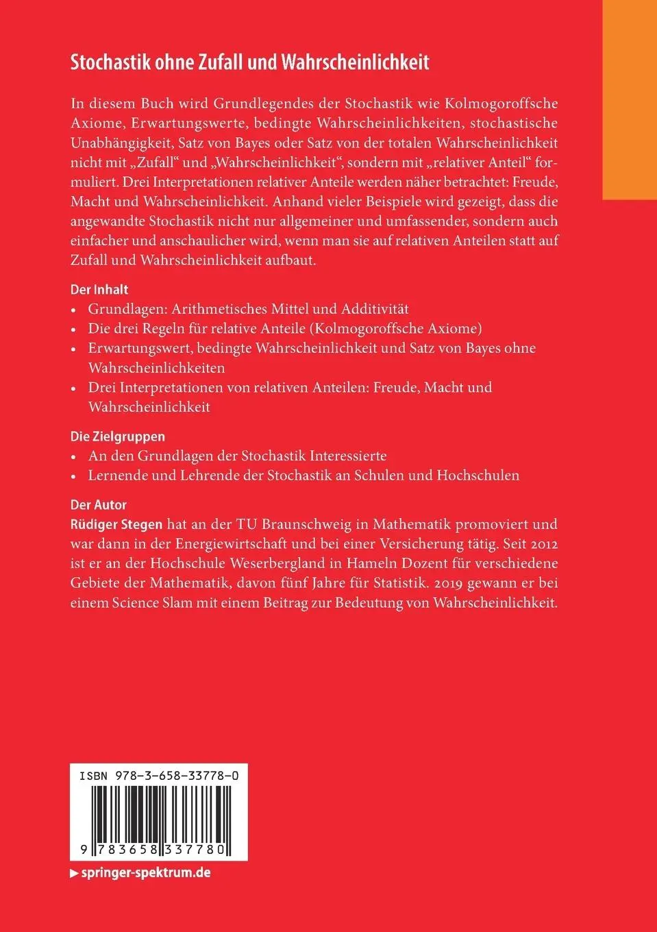 Rückseite: 9783658337780 | Stochastik ohne Zufall und Wahrscheinlichkeit | Rüdiger Stegen | Buch