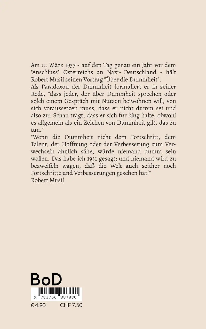 Rückseite: 9783756887880 | Über die Dummheit | Robert Musil | Taschenbuch | Paperback | 52 S.