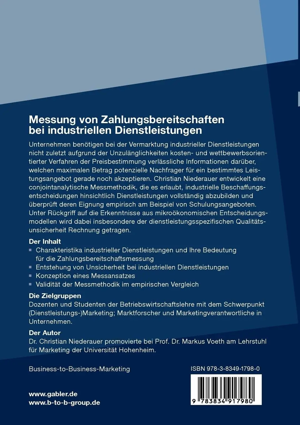Rückseite: 9783834917980 | Messung von Zahlungsbereitschaften bei industriellen Dienstleistungen