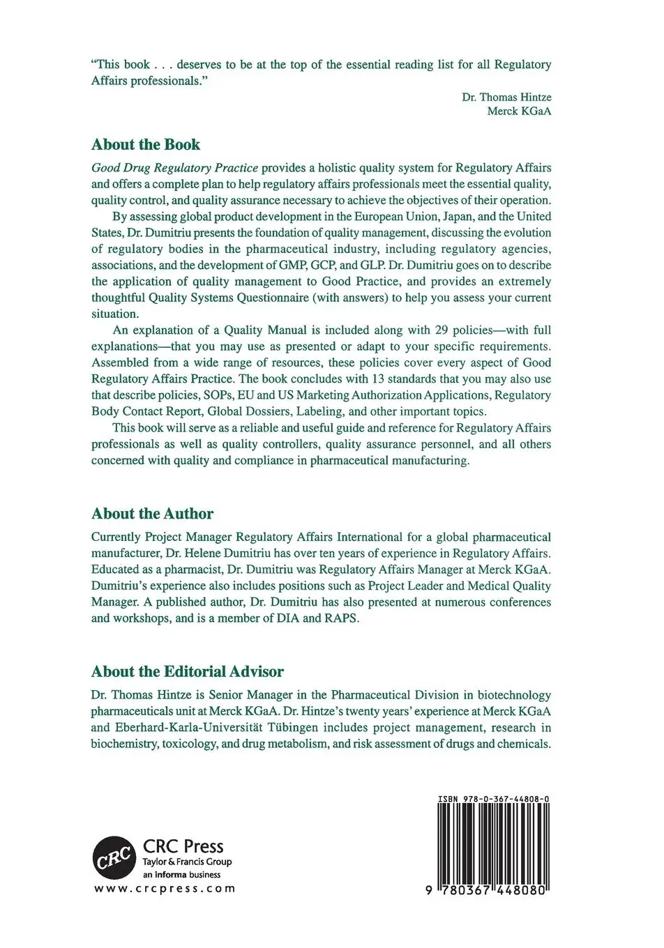 Rückseite: 9780367448080 | Good Drug Regulatory Practices | A Regulatory Affairs Quality Manual