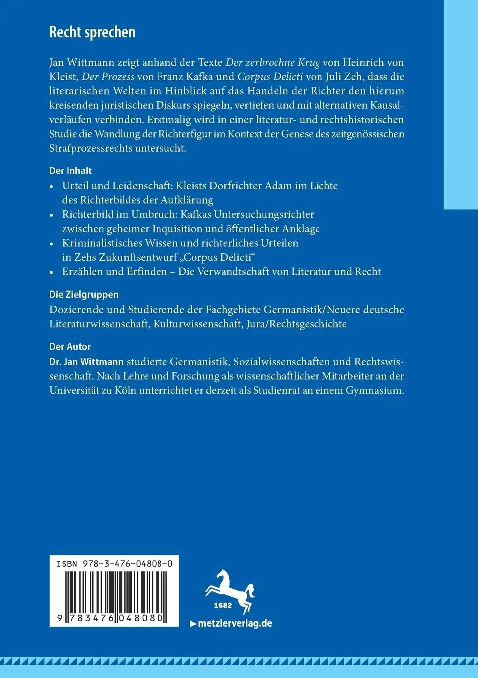 Rückseite: 9783476048080 | Recht sprechen | Richterfiguren bei Kleist, Kafka und Zeh | Wittmann