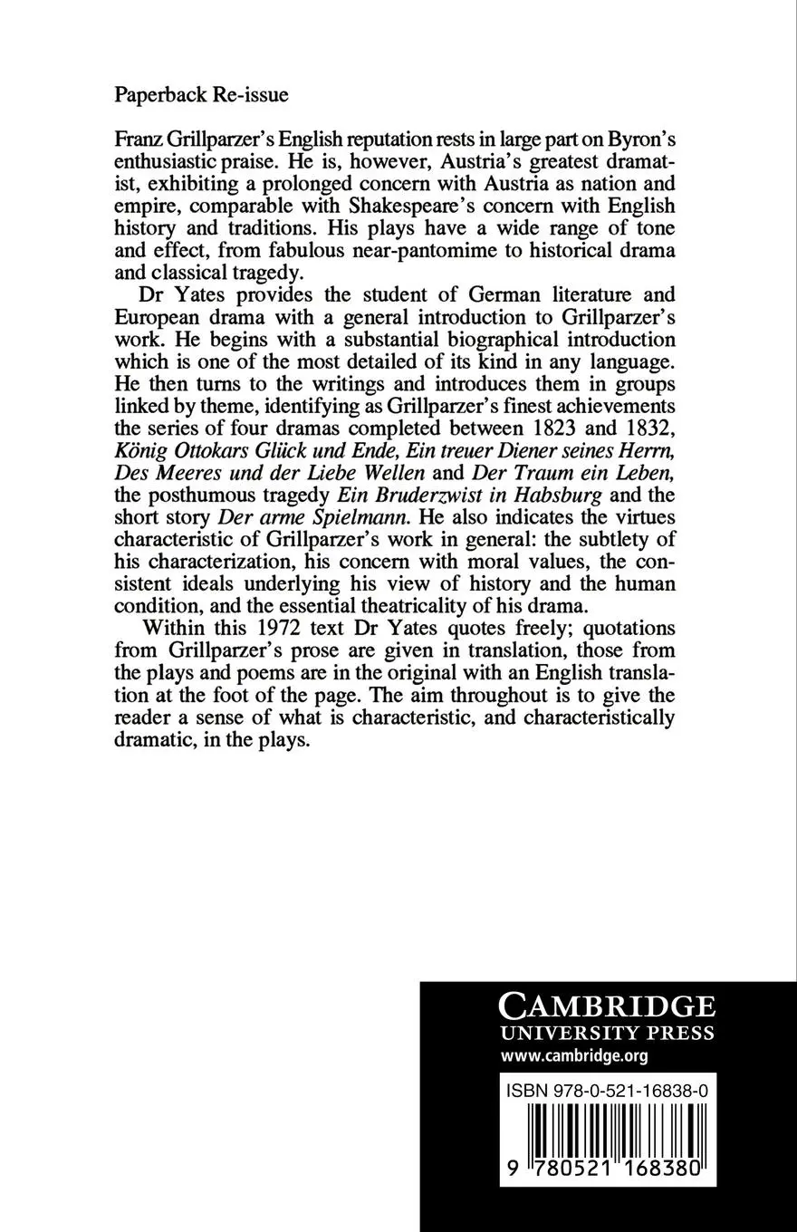 Rückseite: 9780521168380 | Grillparzer | A Critical Introduction | W. E. Yates | Taschenbuch