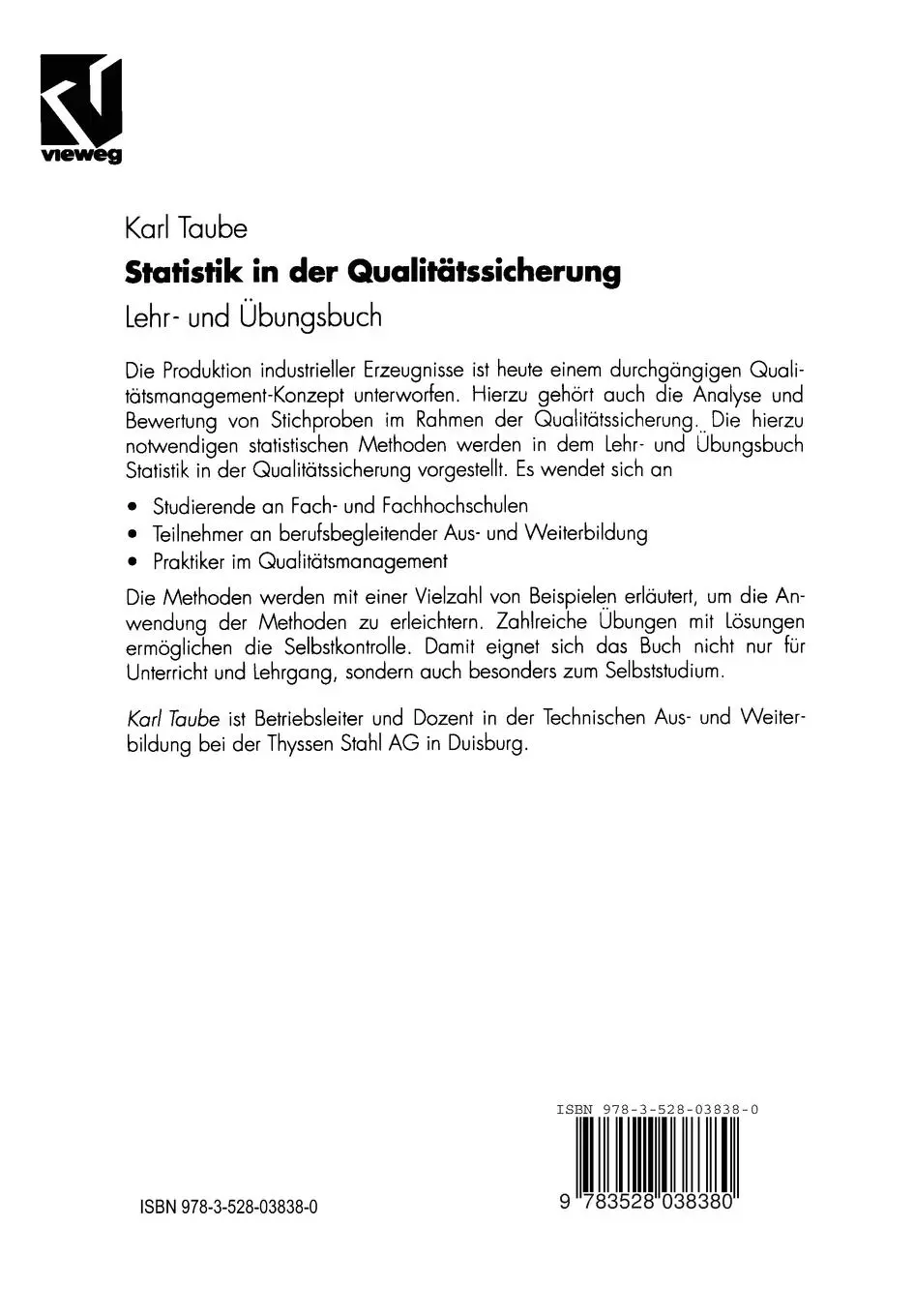 Rückseite: 9783528038380 | Statistik in der Qualitätssicherung | Lehr- und Übungsbuch | Taube